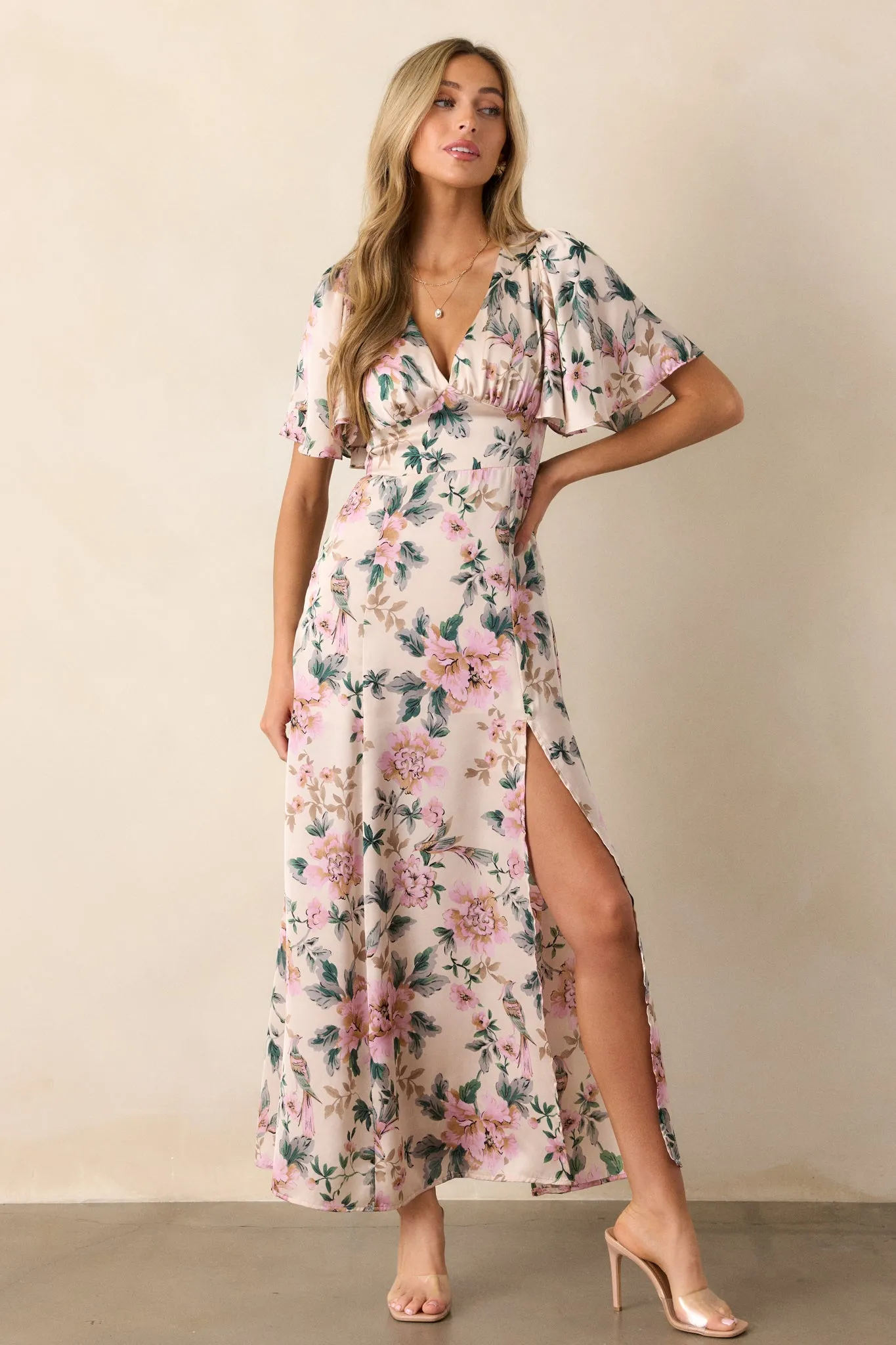 Rosewood Romance Ivory Multi Floral Flutter Sleeve Maxi Dress