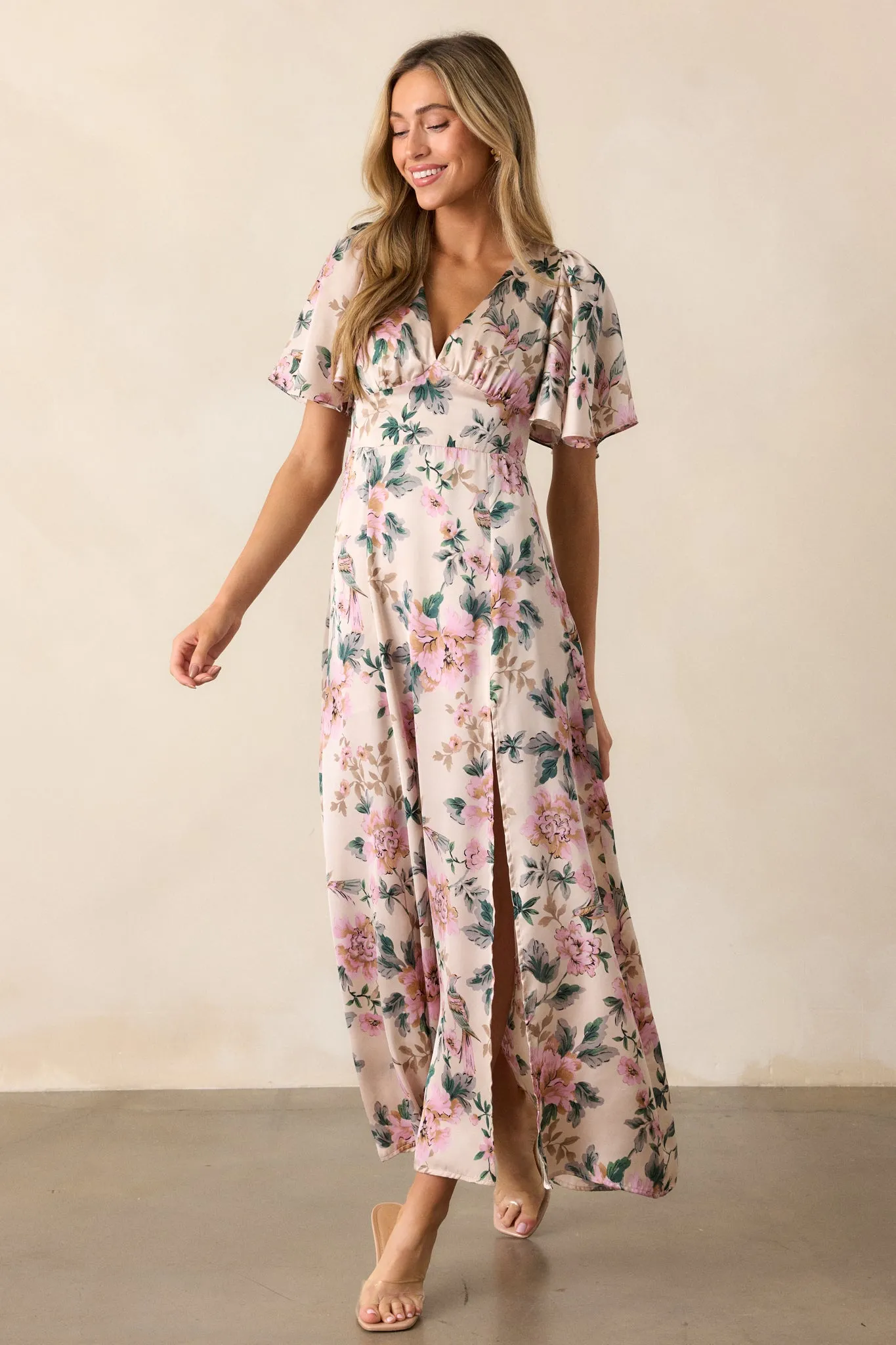 Rosewood Romance Ivory Multi Floral Flutter Sleeve Maxi Dress