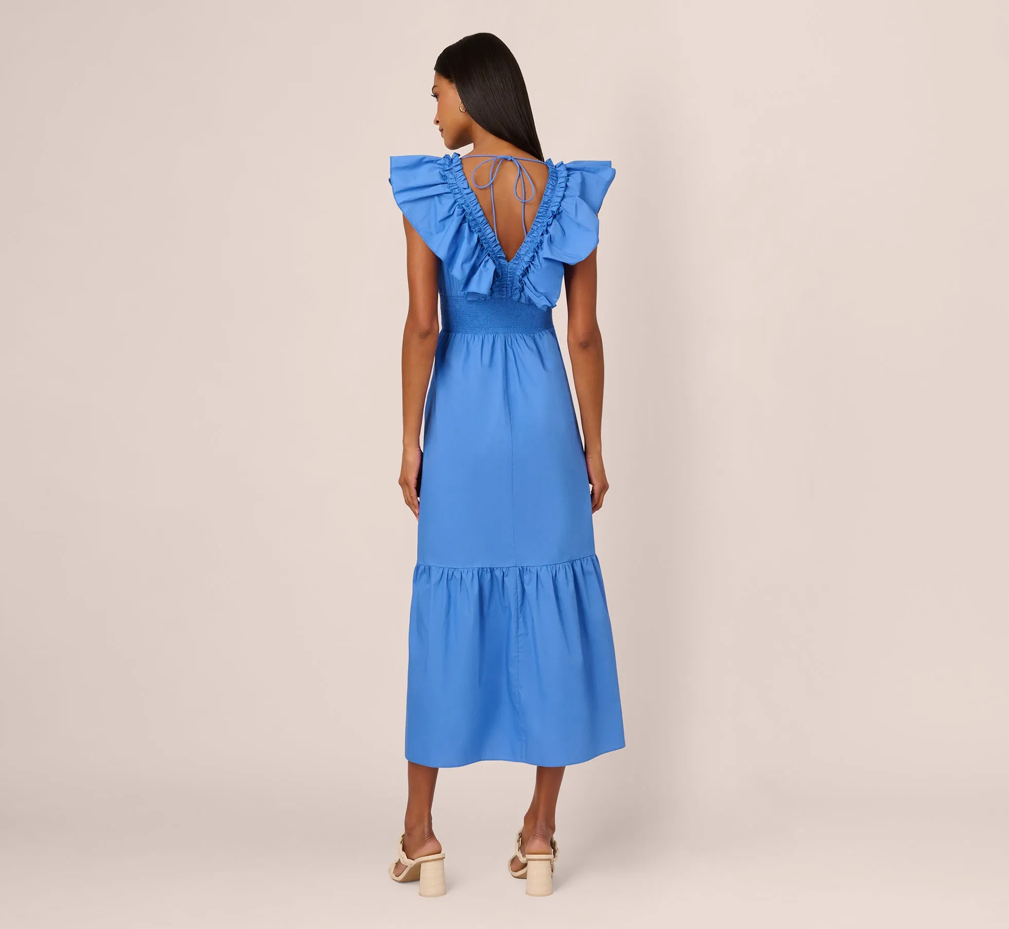 Ruffled Maxi Dress With Shirred Details In Cool Water