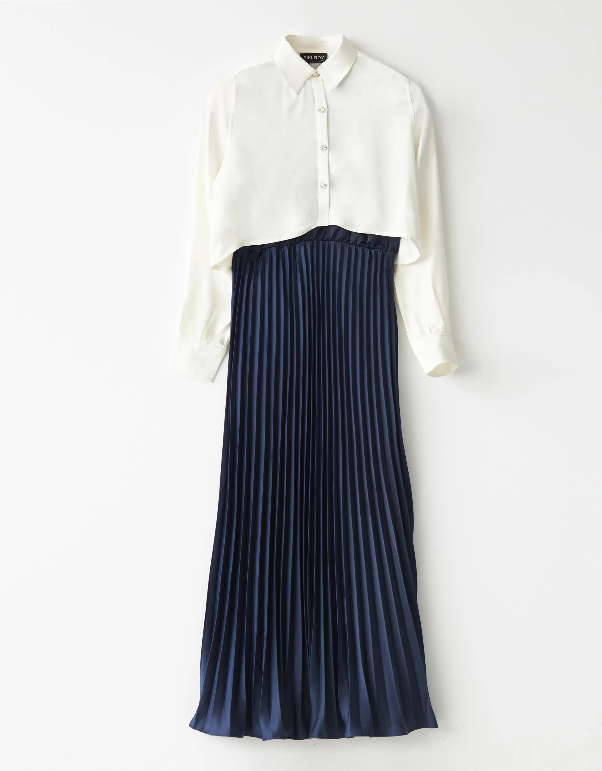 Satin Sleeveless Lined Maxi Dress Shabbos Robe with Accordian Pleats Navy
