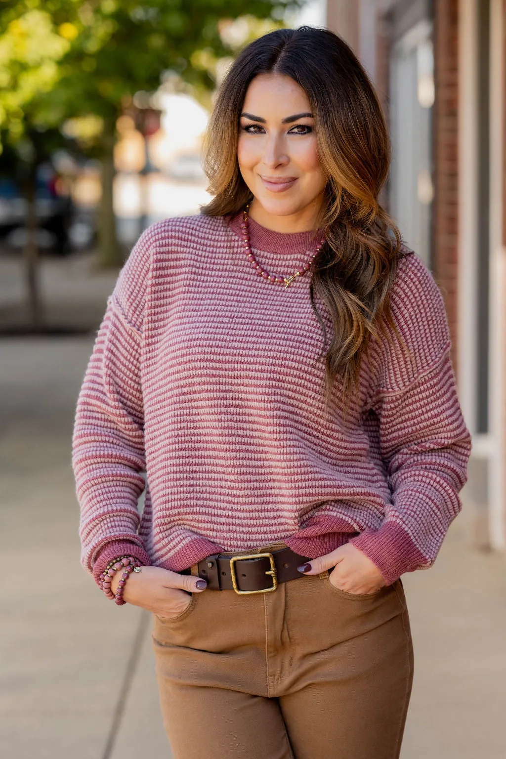 Scalloped Stripes Solid Trim Sweater