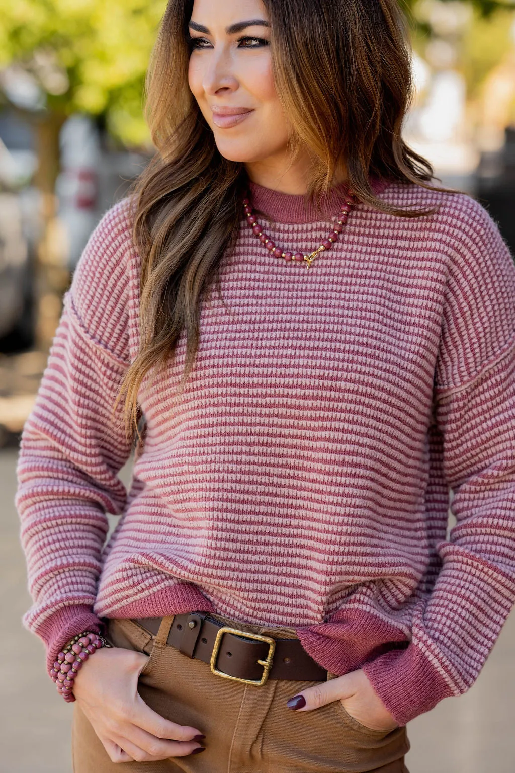 Scalloped Stripes Solid Trim Sweater