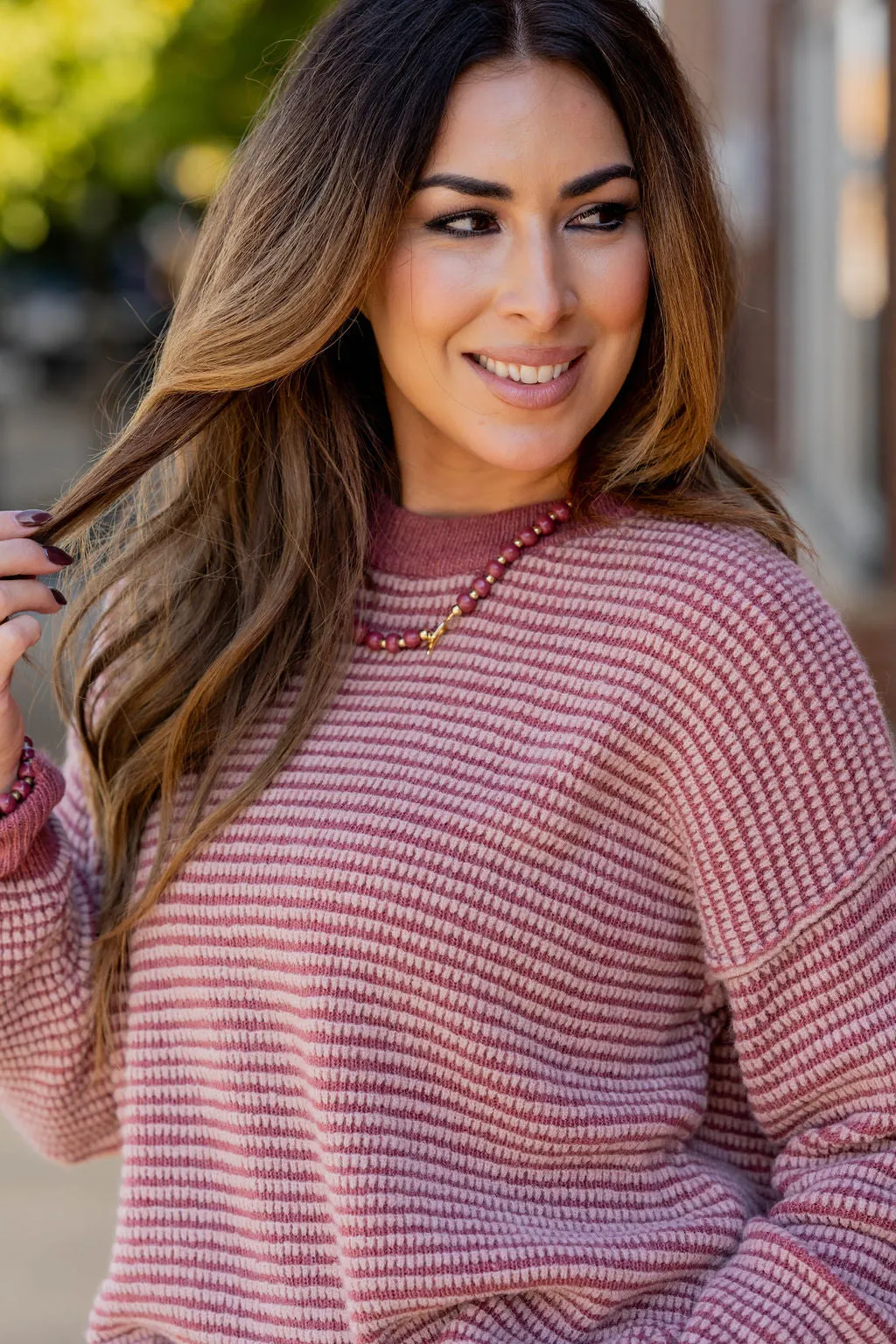 Scalloped Stripes Solid Trim Sweater