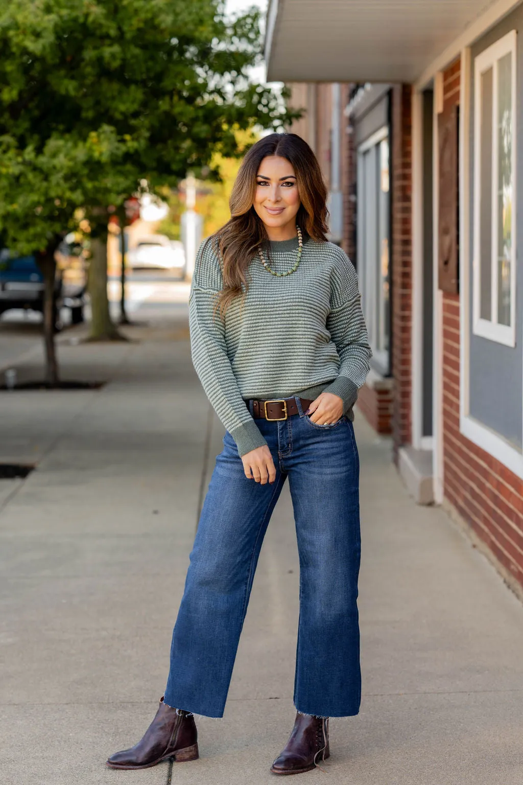 Scalloped Stripes Solid Trim Sweater