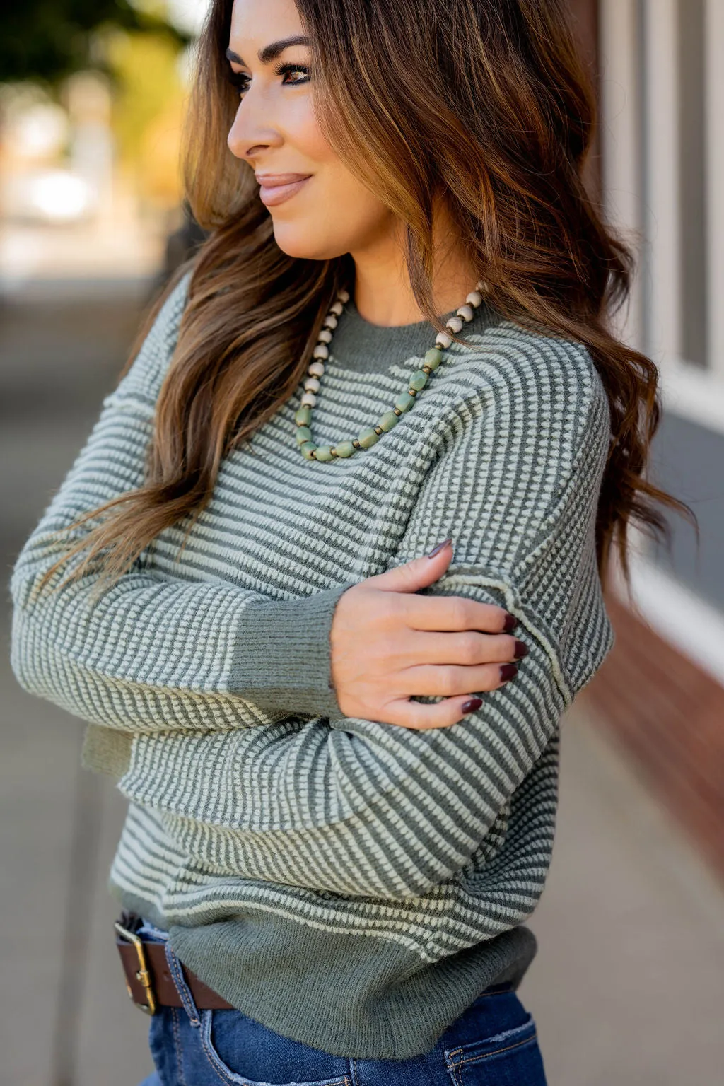 Scalloped Stripes Solid Trim Sweater