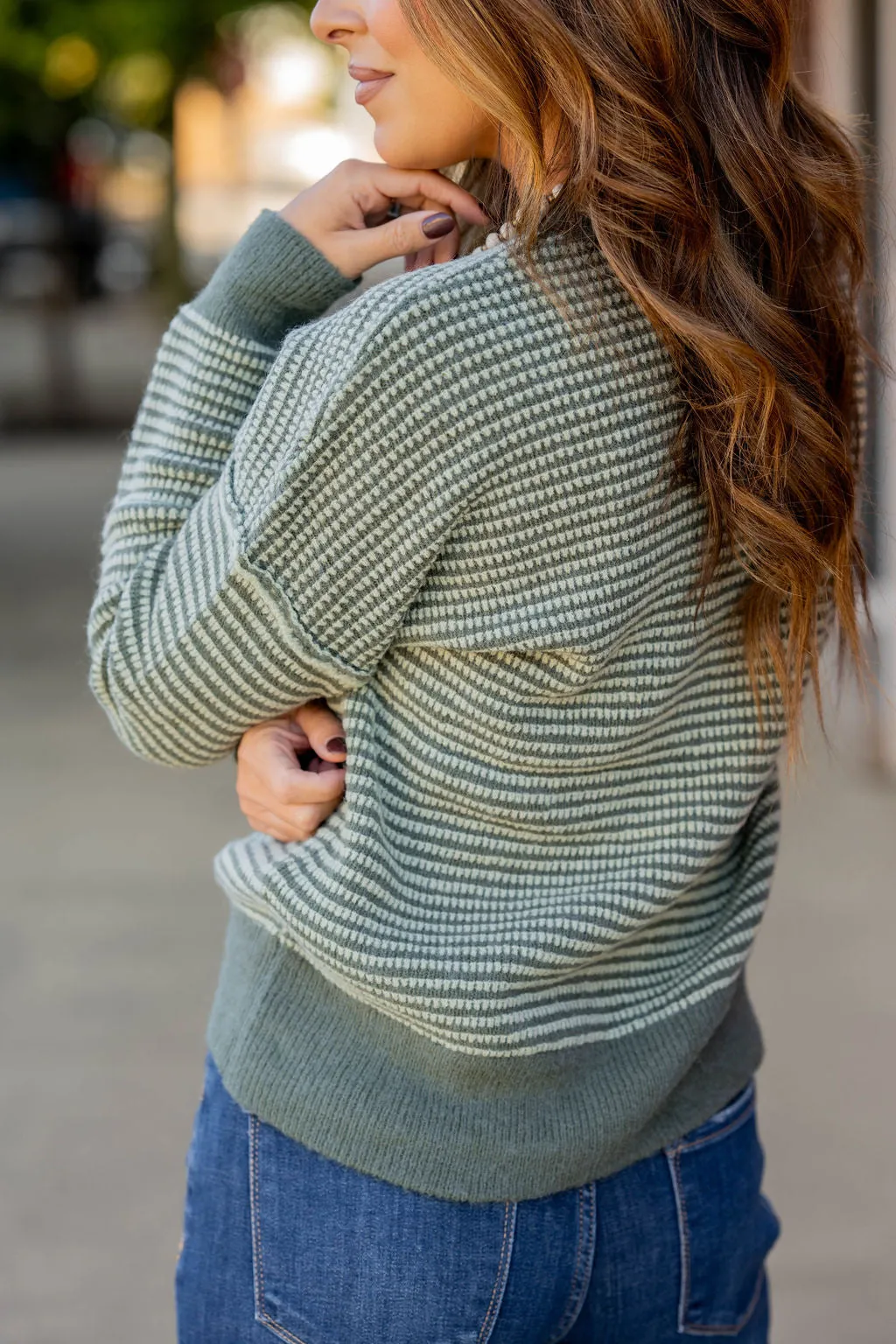 Scalloped Stripes Solid Trim Sweater