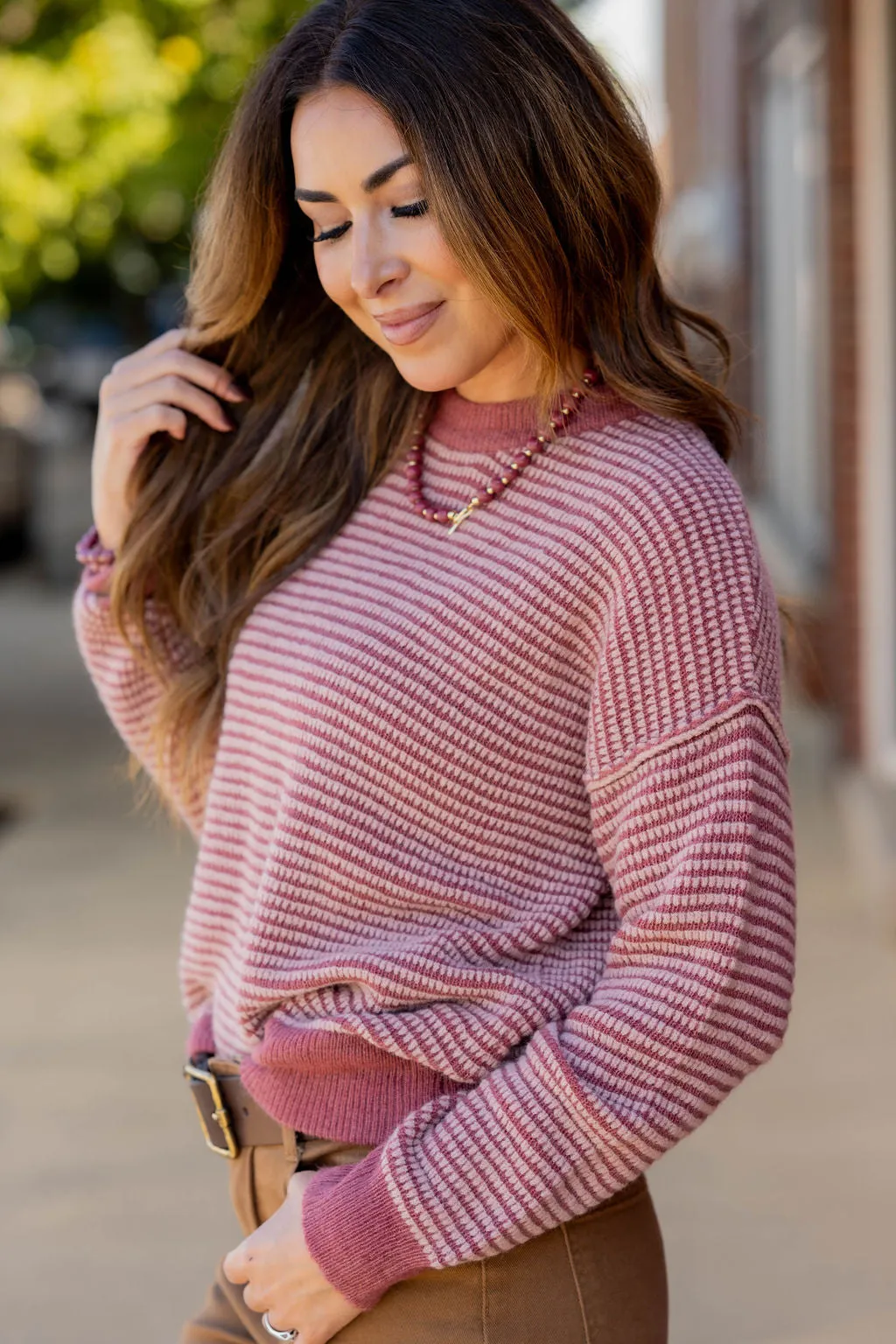 Scalloped Stripes Solid Trim Sweater