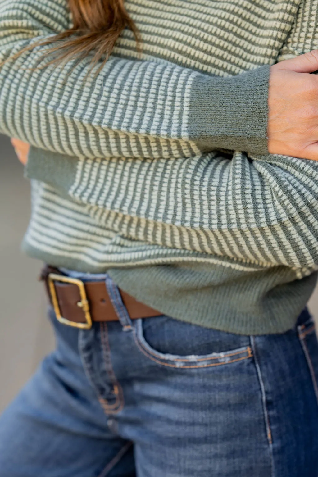 Scalloped Stripes Solid Trim Sweater