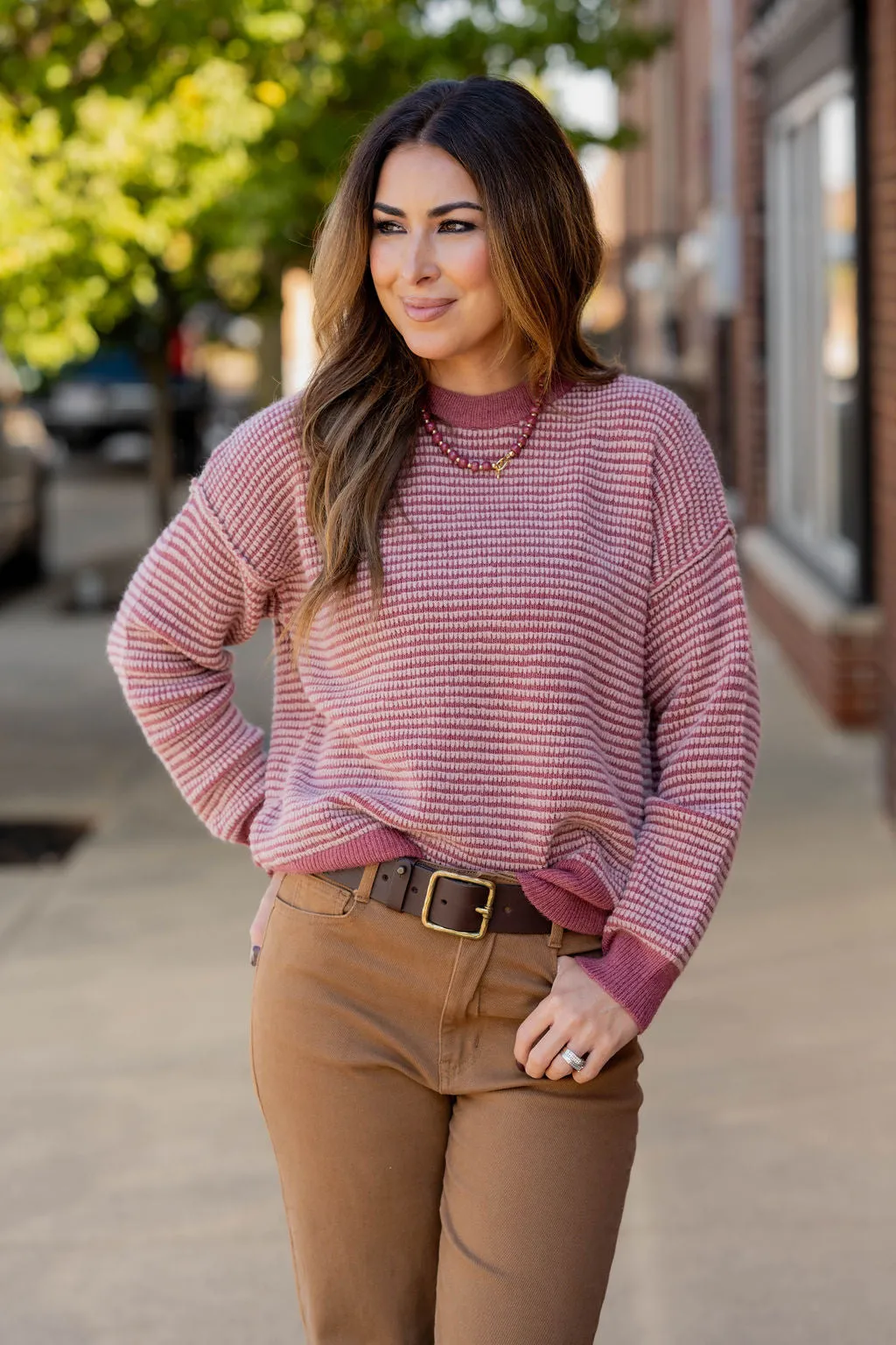 Scalloped Stripes Solid Trim Sweater