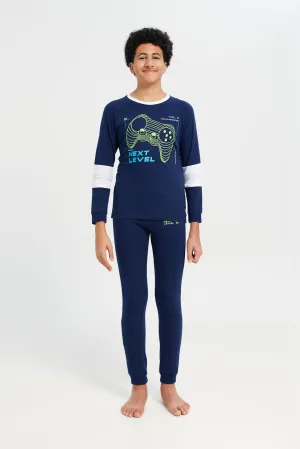 Senior Boys Navy Printed T-Shirt And Pants Pyjama Set (2 Piece)