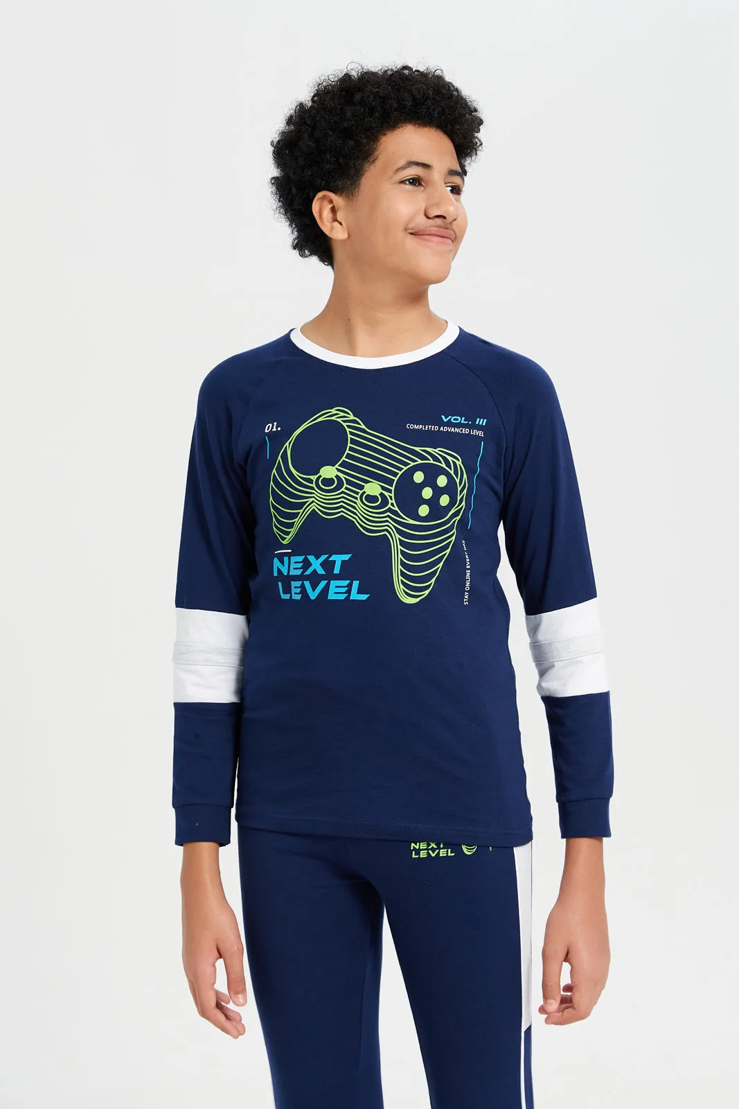 Senior Boys Navy Printed T-Shirt And Pants Pyjama Set (2 Piece)