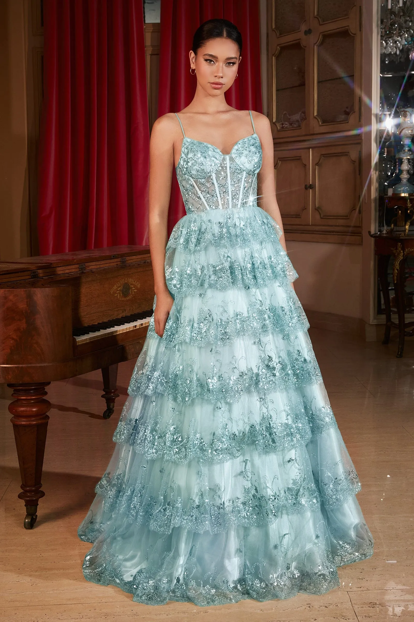 Sequin Applique Sleeveless Layered Gown by Ladivine KV1108