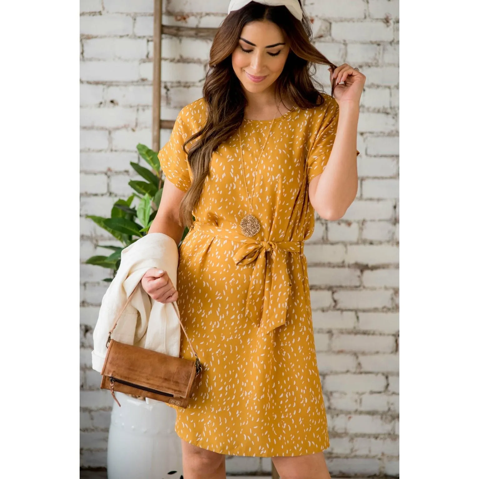 Short Sleeve Feather Speckled Tie Dress