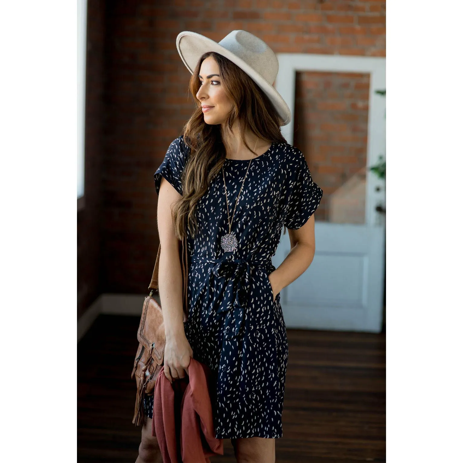 Short Sleeve Feather Speckled Tie Dress