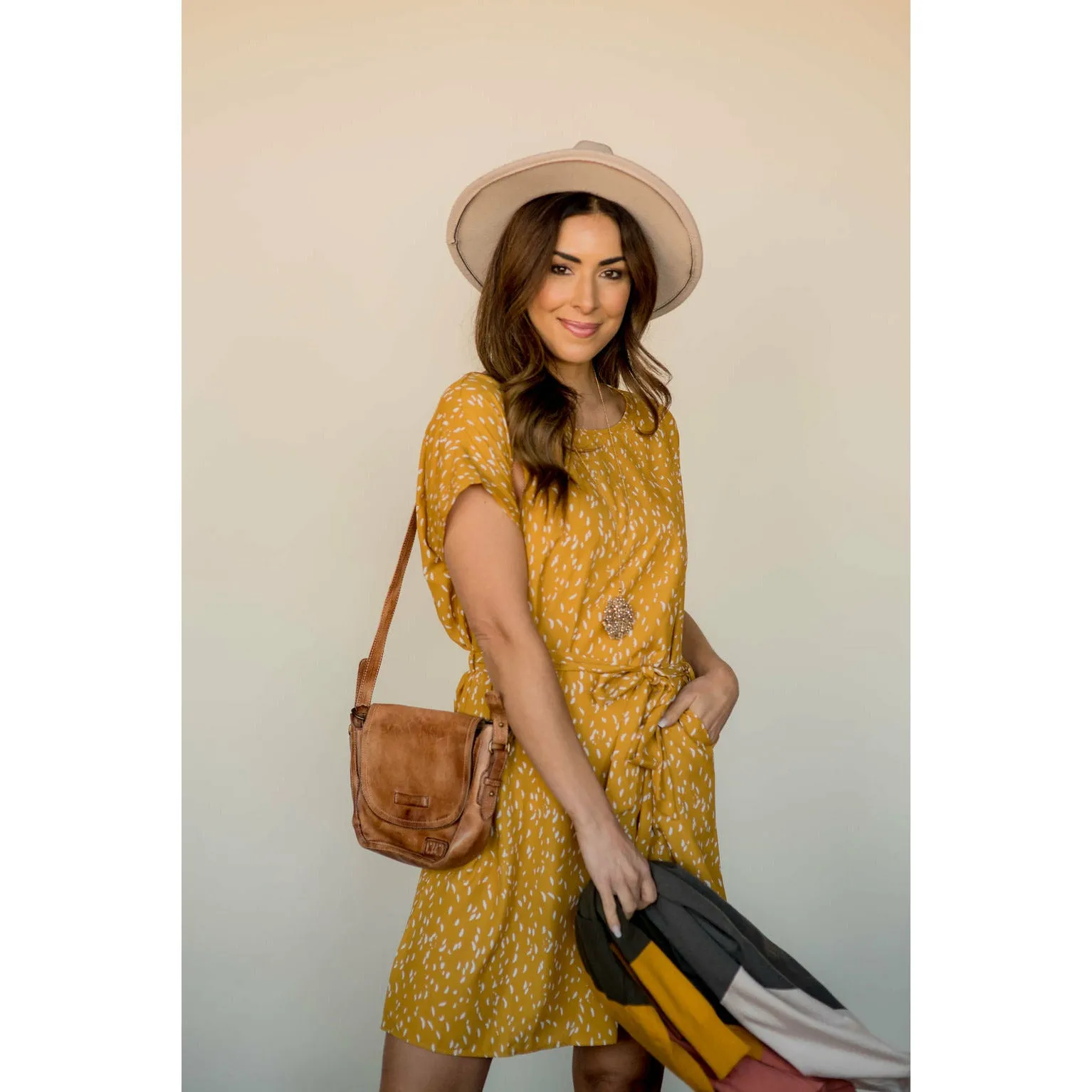 Short Sleeve Feather Speckled Tie Dress