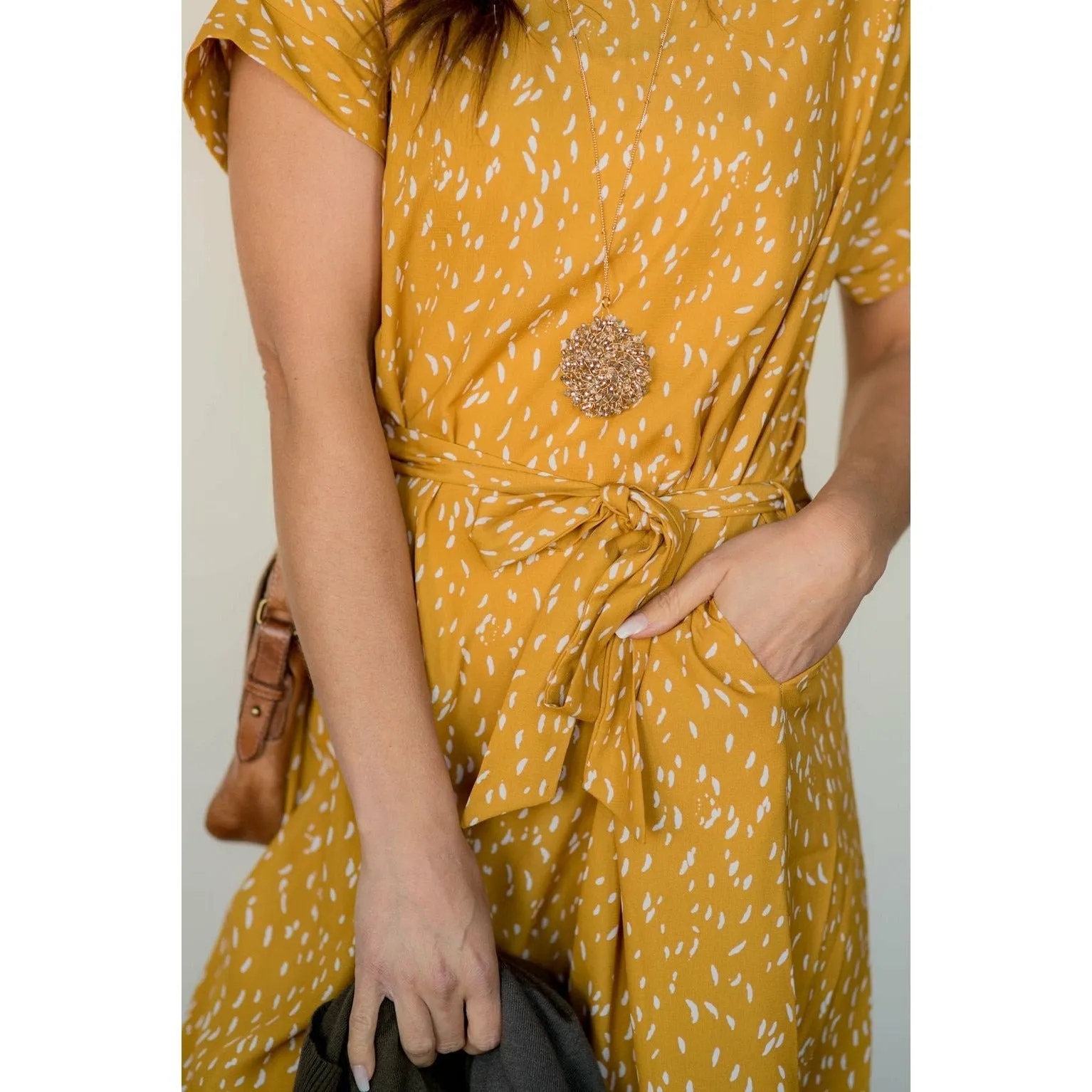Short Sleeve Feather Speckled Tie Dress