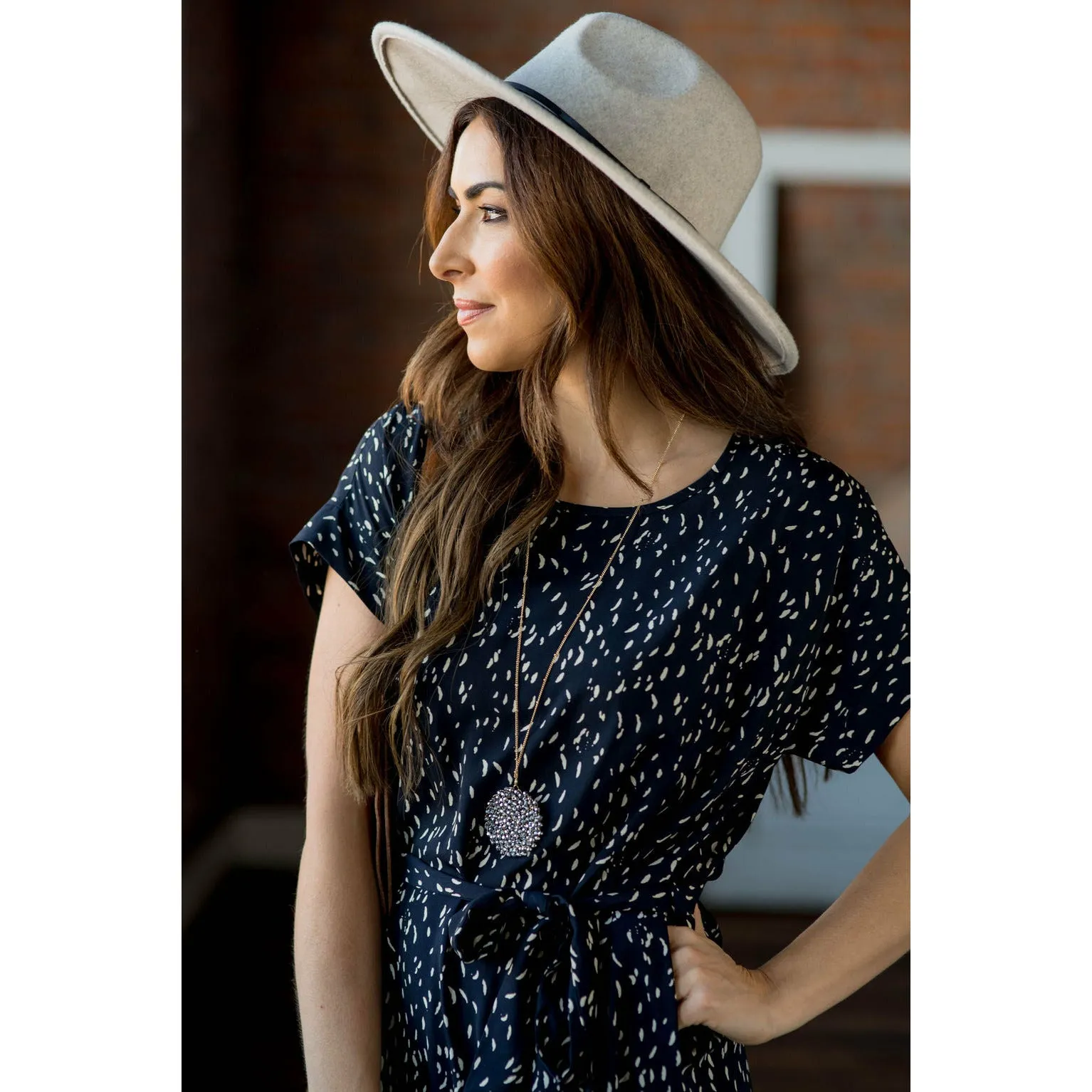 Short Sleeve Feather Speckled Tie Dress