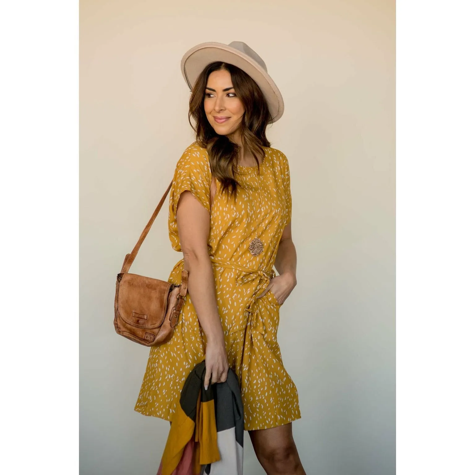 Short Sleeve Feather Speckled Tie Dress