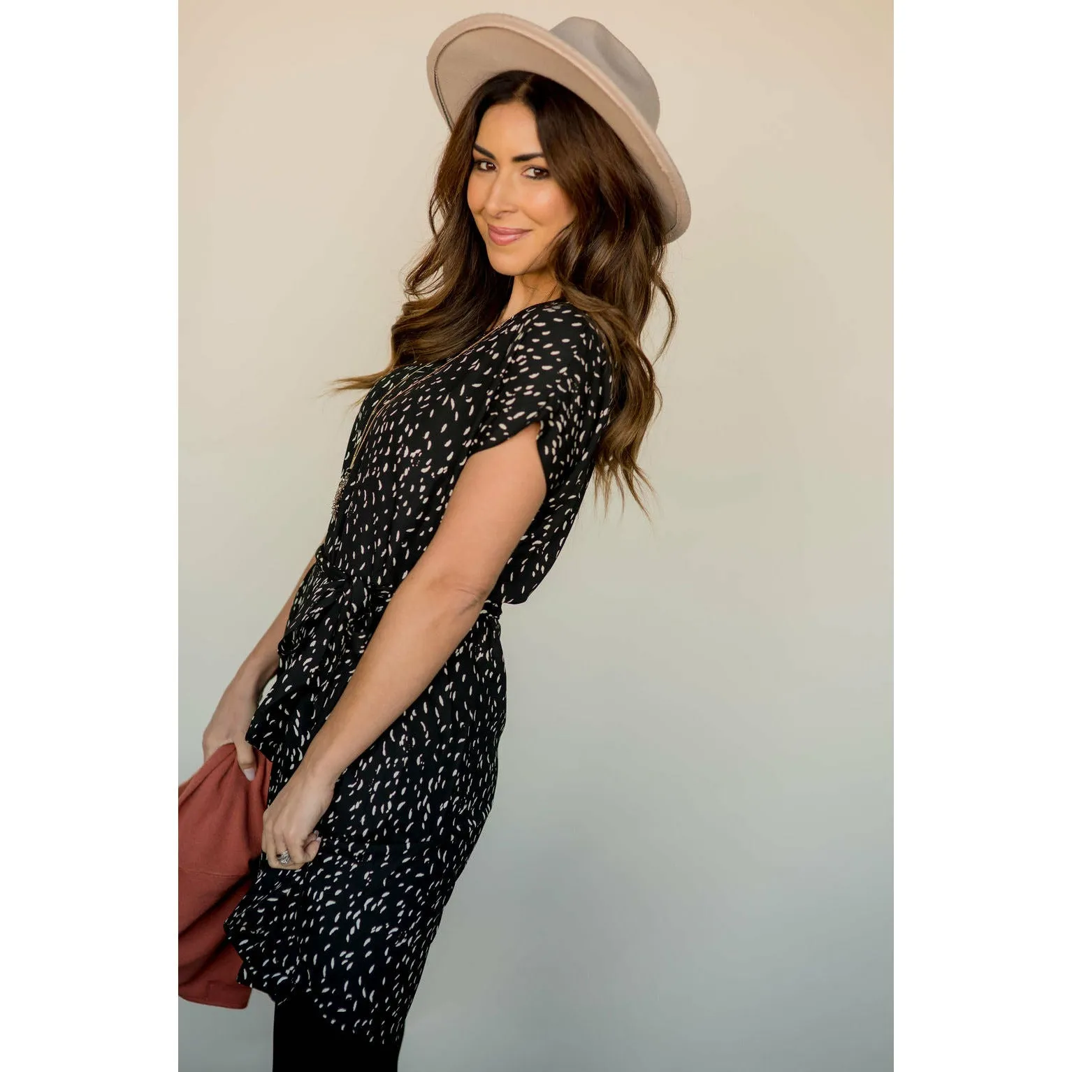 Short Sleeve Feather Speckled Tie Dress