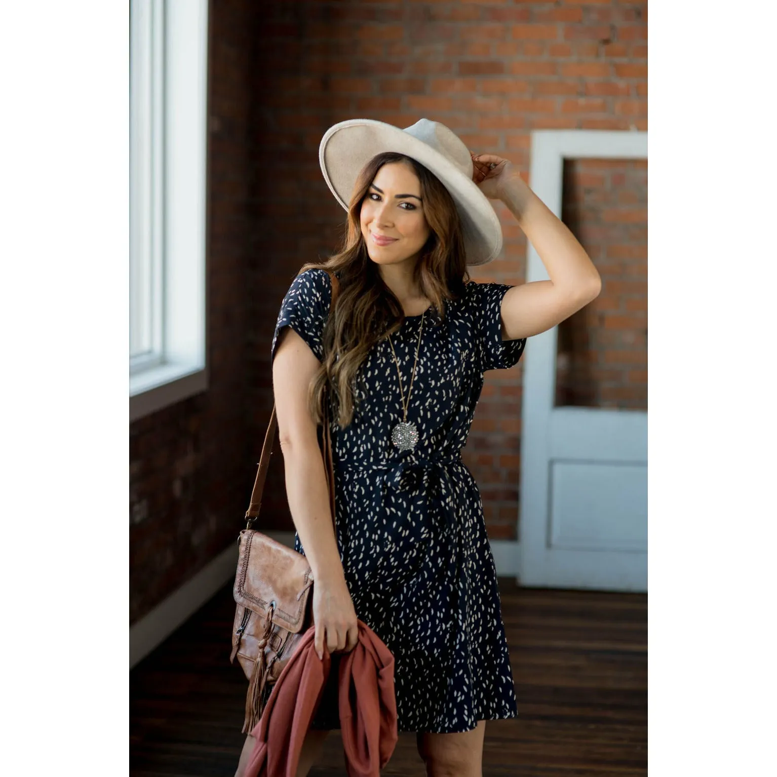 Short Sleeve Feather Speckled Tie Dress