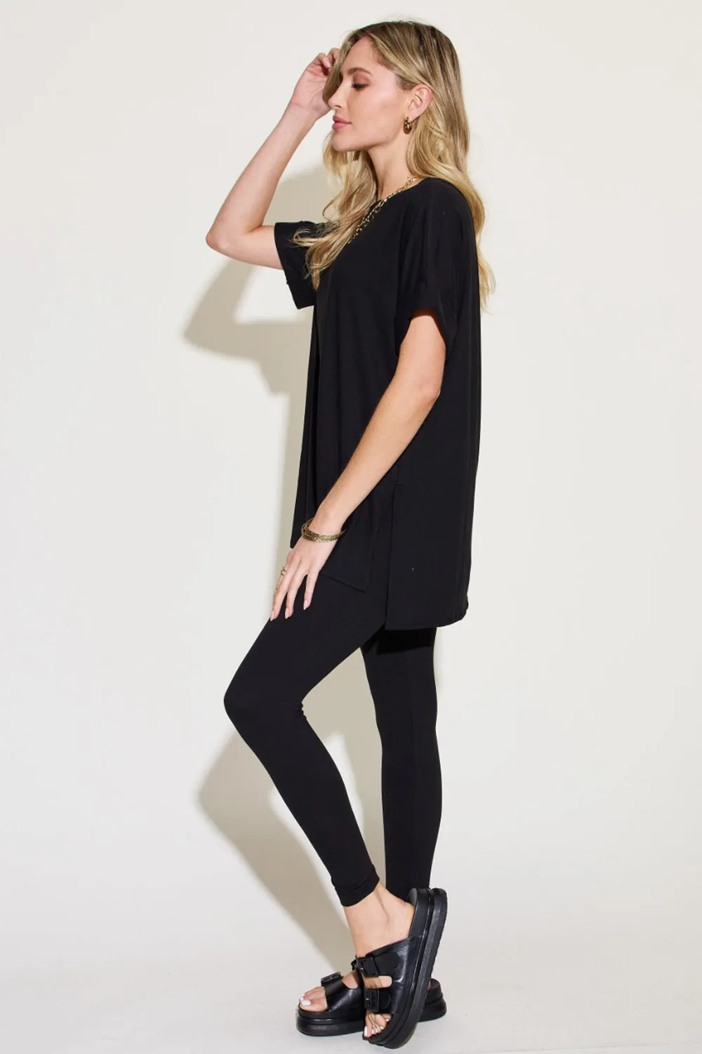 Short Sleeve Slit T-Shirt and Leggings Lounge Set