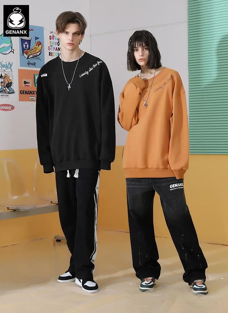 Simple Letter Embroidered Fake Two-piece Pure Cotton Round Neck Sweatshirt