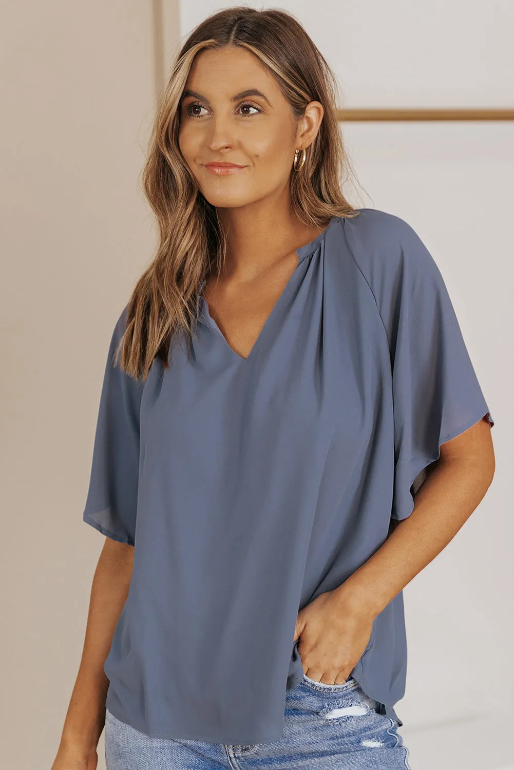 Simply Chic Gathered Detail Notched Neck Flutter Sleeve Top