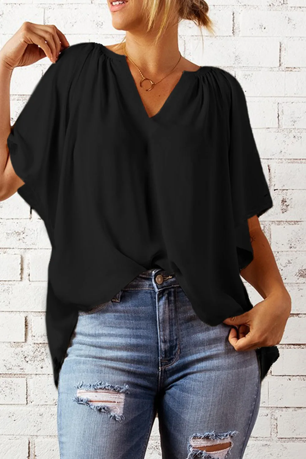Simply Chic Gathered Detail Notched Neck Flutter Sleeve Top