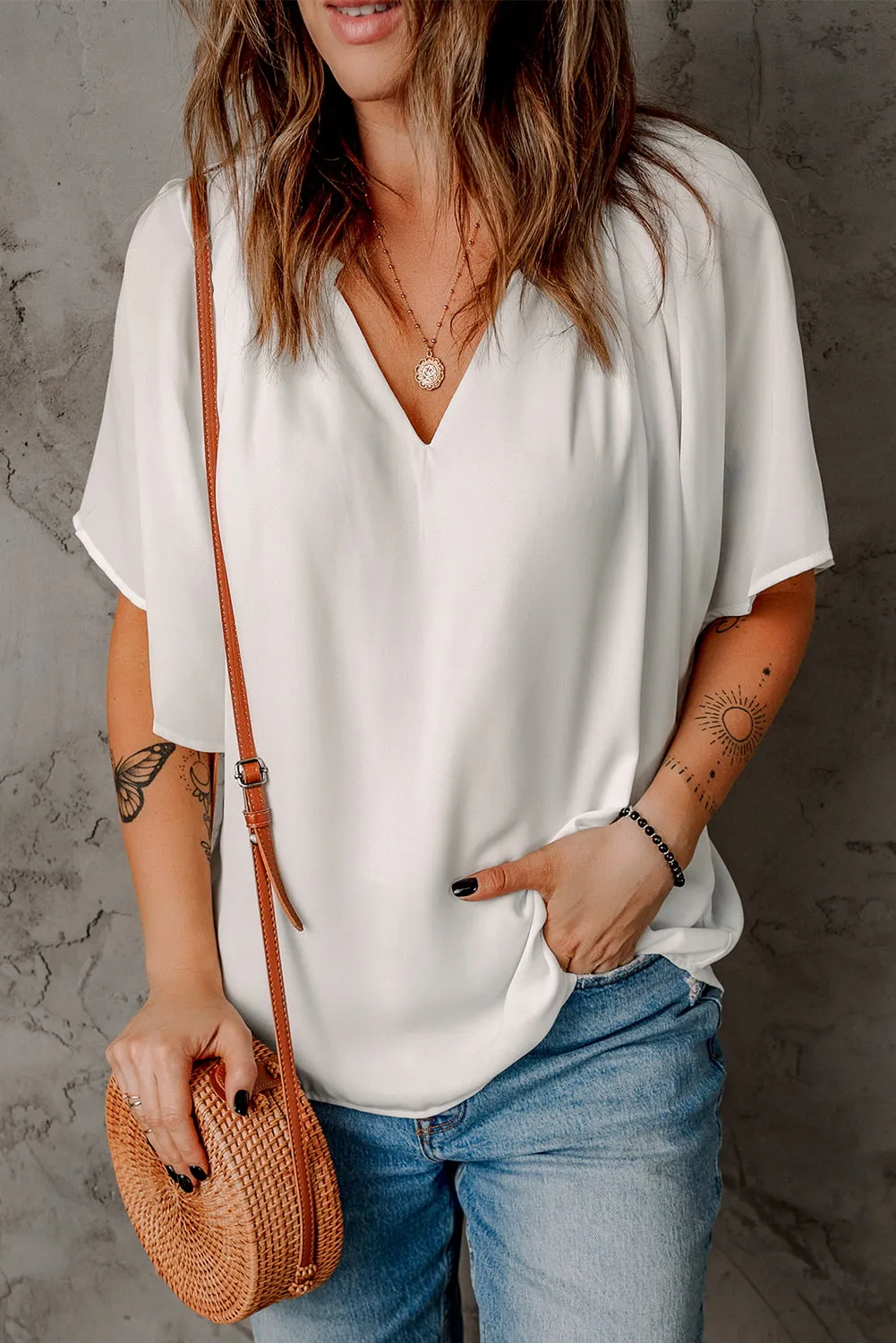 Simply Chic Gathered Detail Notched Neck Flutter Sleeve Top