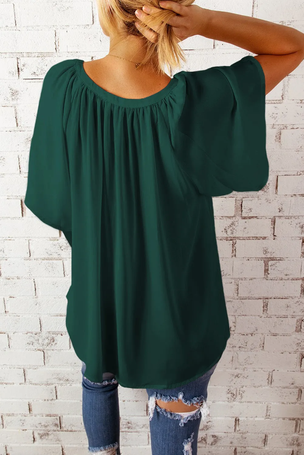 Simply Chic Gathered Detail Notched Neck Flutter Sleeve Top
