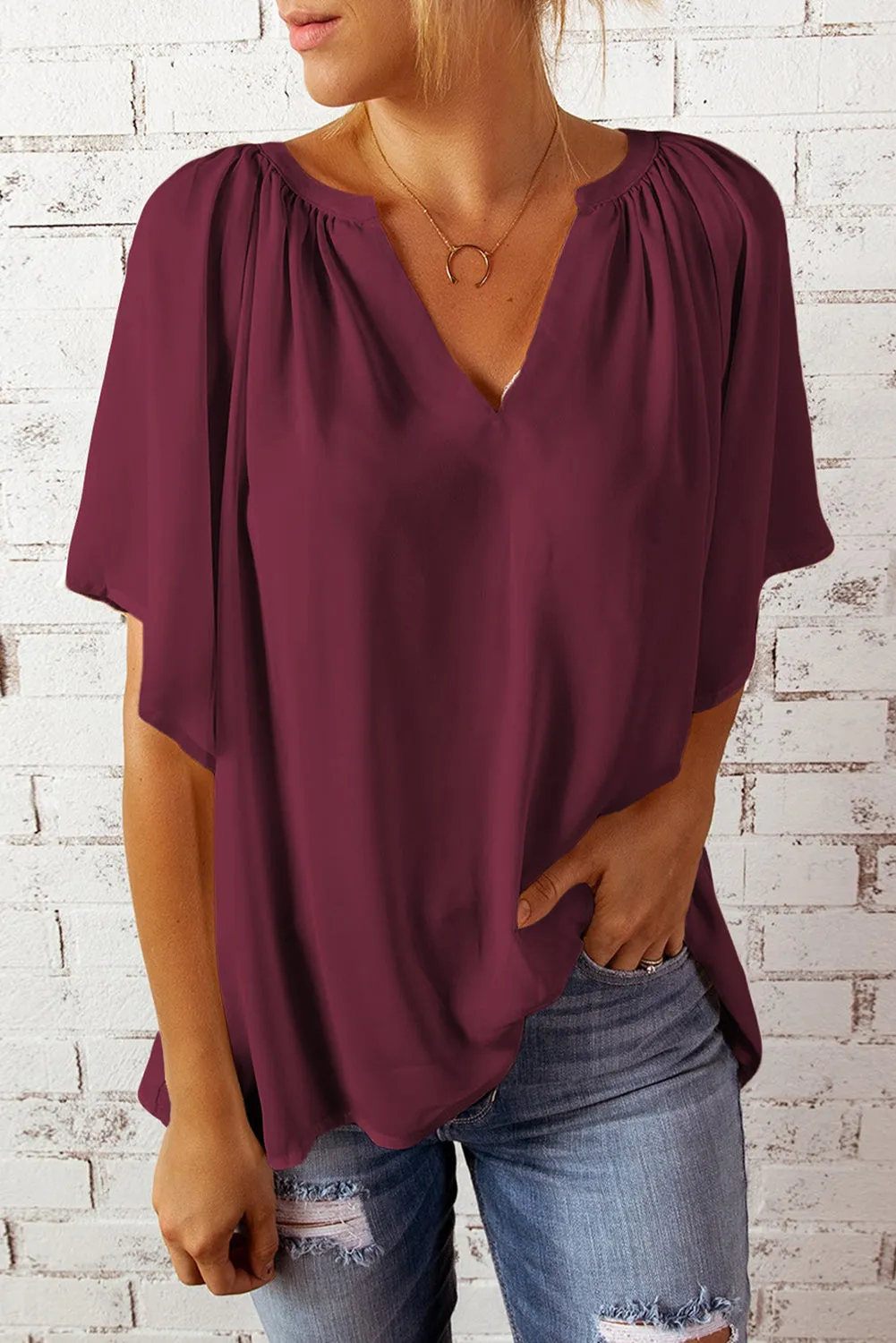 Simply Chic Gathered Detail Notched Neck Flutter Sleeve Top
