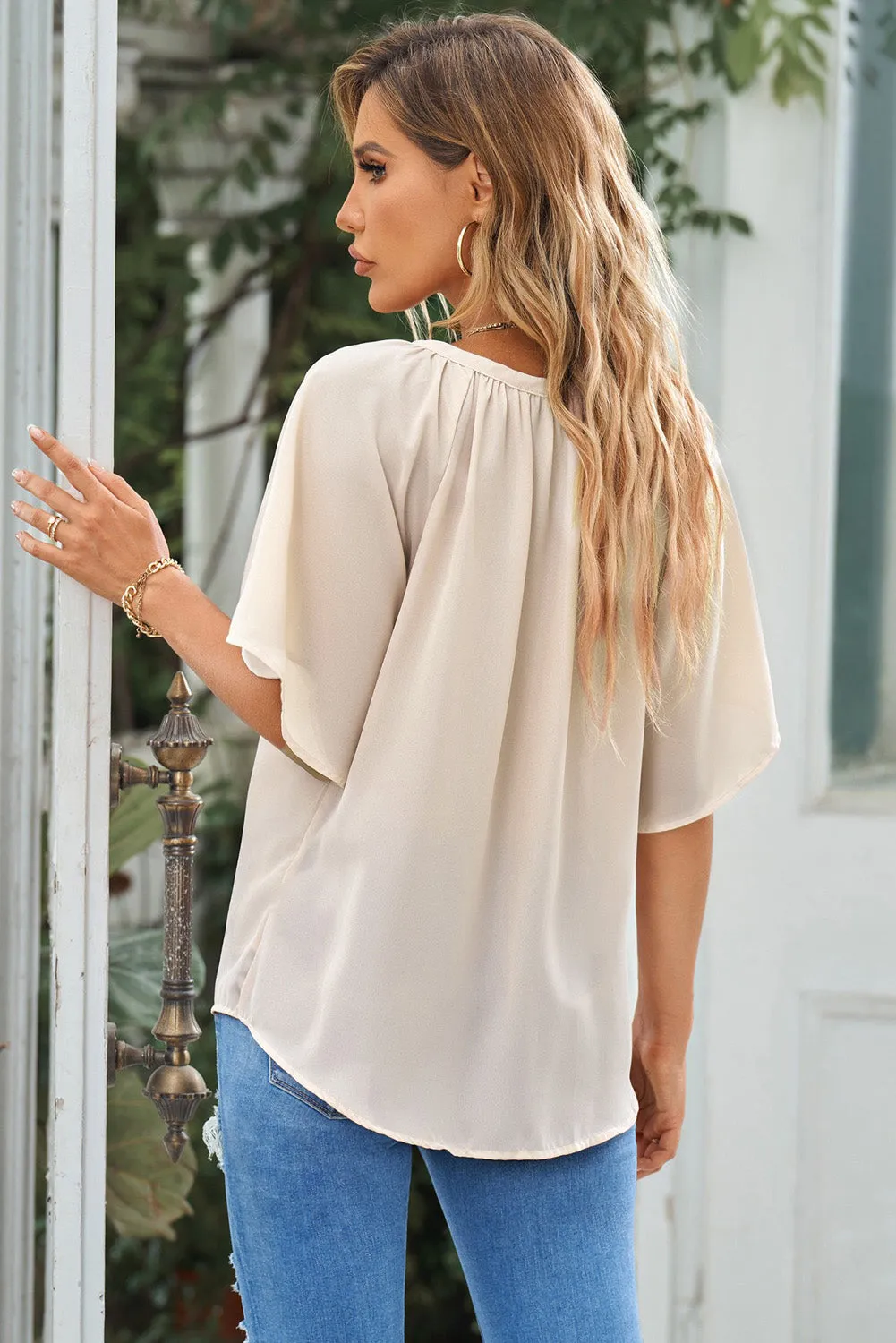 Simply Chic Gathered Detail Notched Neck Flutter Sleeve Top