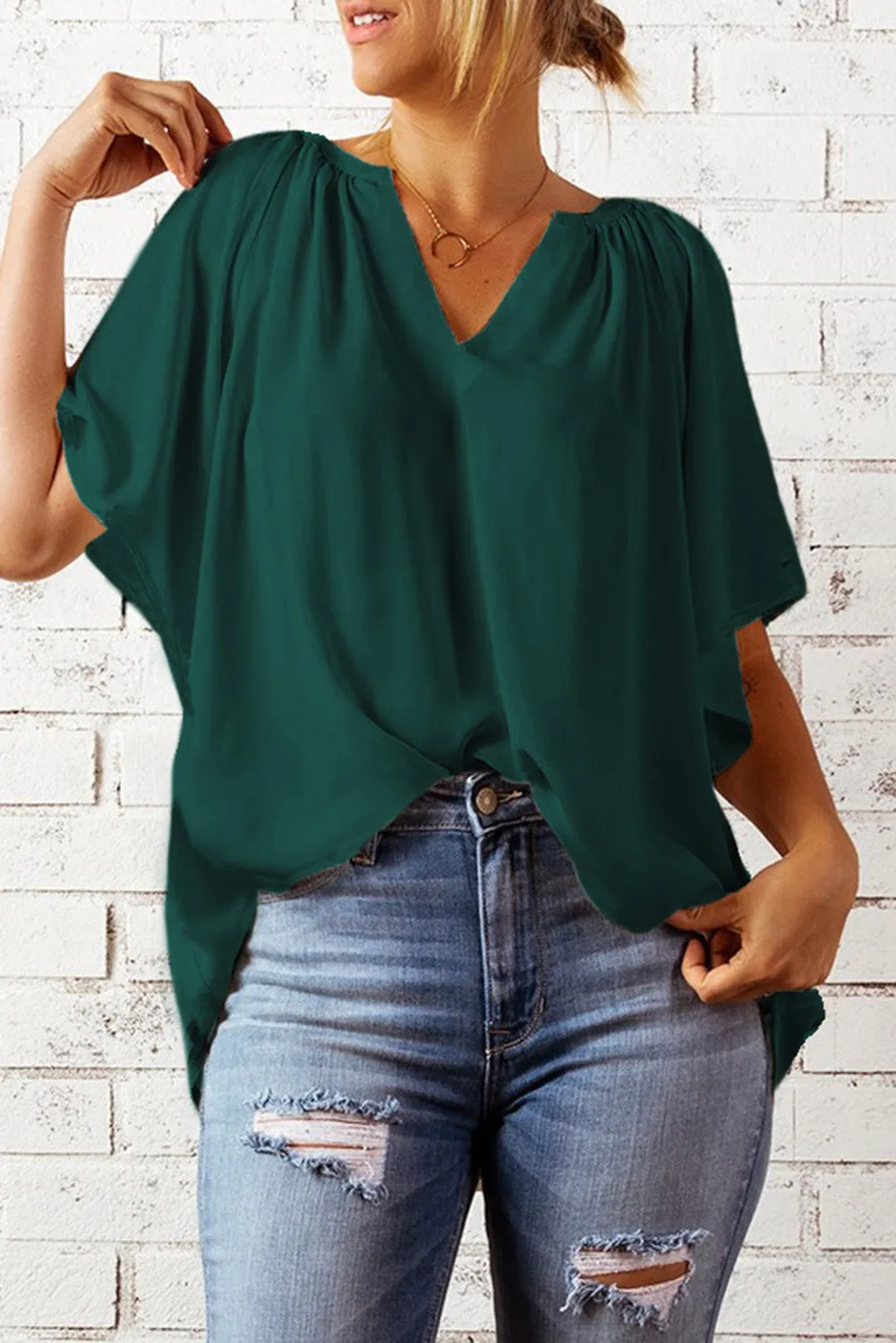 Simply Chic Gathered Detail Notched Neck Flutter Sleeve Top
