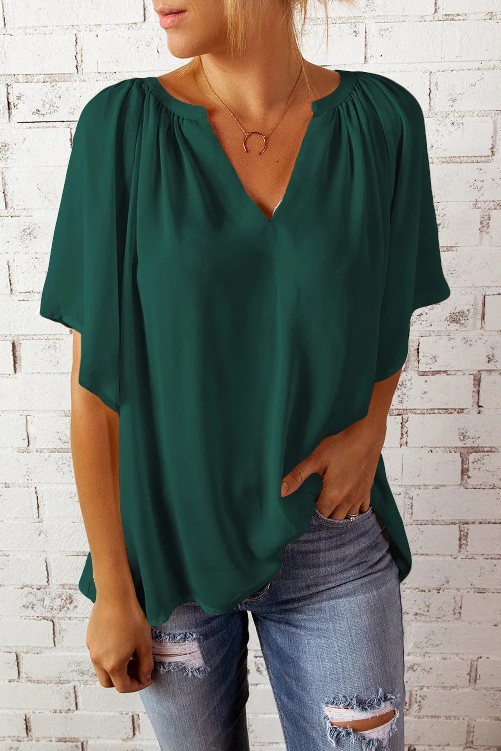 Simply Chic Gathered Detail Notched Neck Flutter Sleeve Top