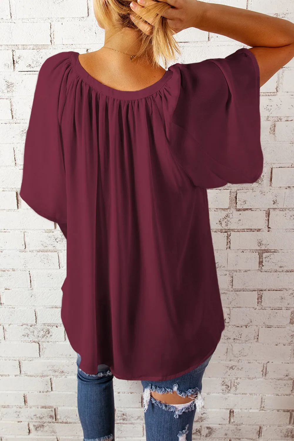 Simply Chic Gathered Detail Notched Neck Flutter Sleeve Top