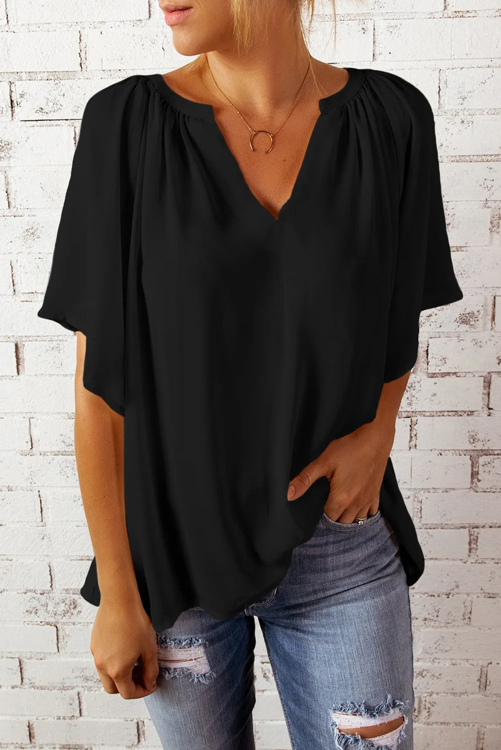 Simply Chic Gathered Detail Notched Neck Flutter Sleeve Top