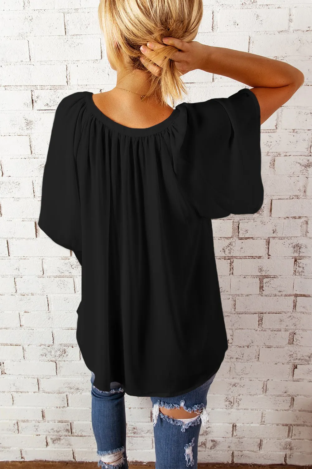 Simply Chic Gathered Detail Notched Neck Flutter Sleeve Top