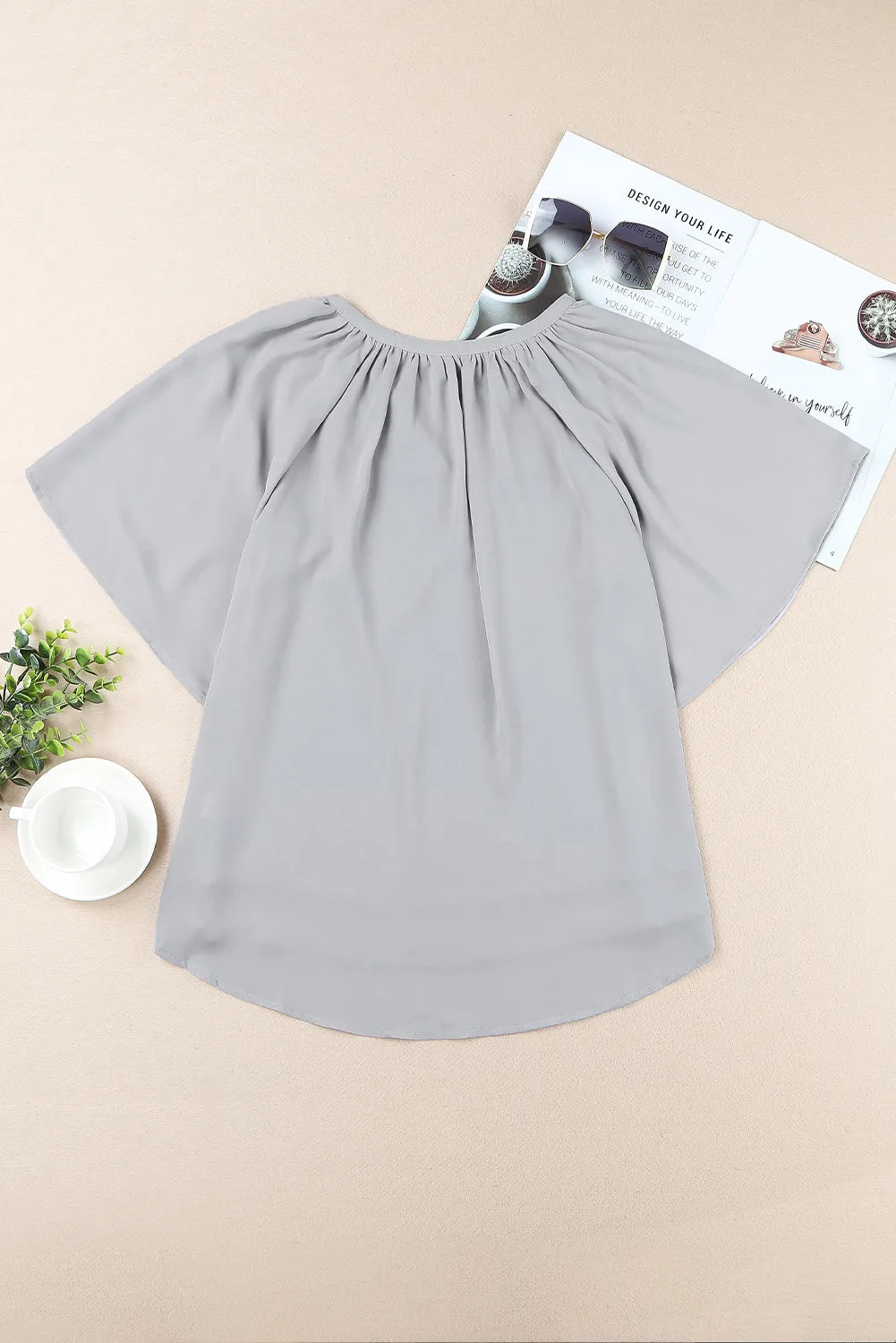 Simply Chic Gathered Detail Notched Neck Flutter Sleeve Top