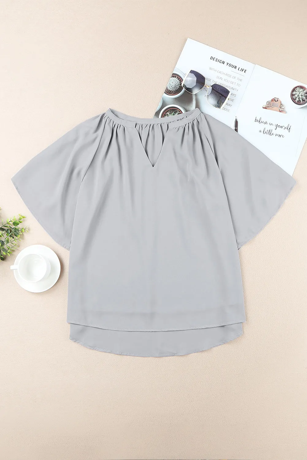 Simply Chic Gathered Detail Notched Neck Flutter Sleeve Top