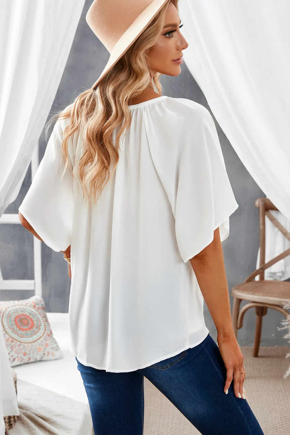 Simply Chic Gathered Detail Notched Neck Flutter Sleeve Top