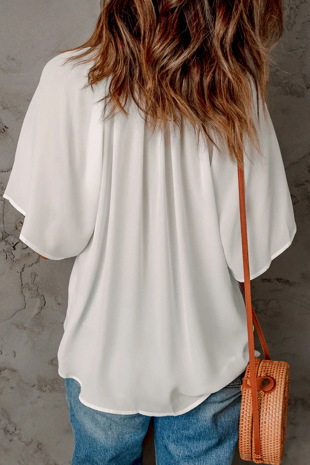 Simply Chic Gathered Detail Notched Neck Flutter Sleeve Top