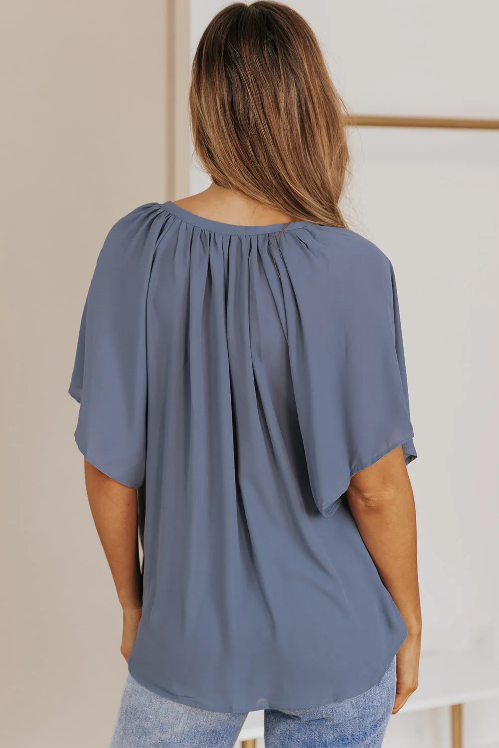 Simply Chic Gathered Detail Notched Neck Flutter Sleeve Top