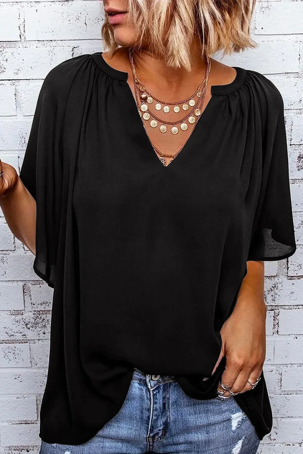 Simply Chic Gathered Detail Notched Neck Flutter Sleeve Top