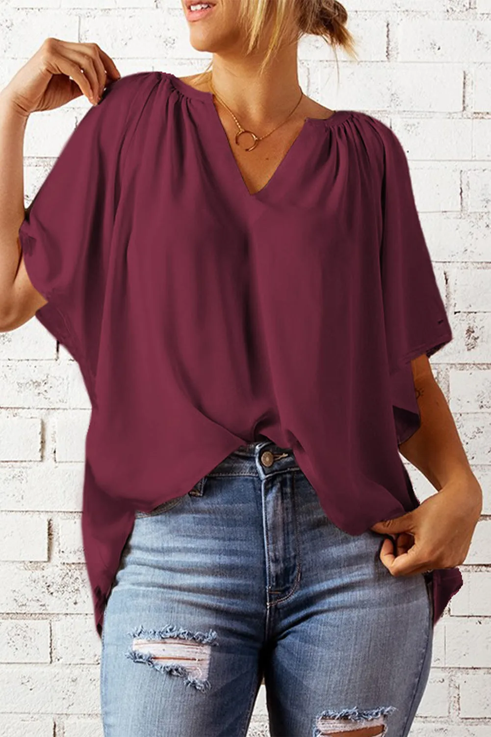 Simply Chic Gathered Detail Notched Neck Flutter Sleeve Top