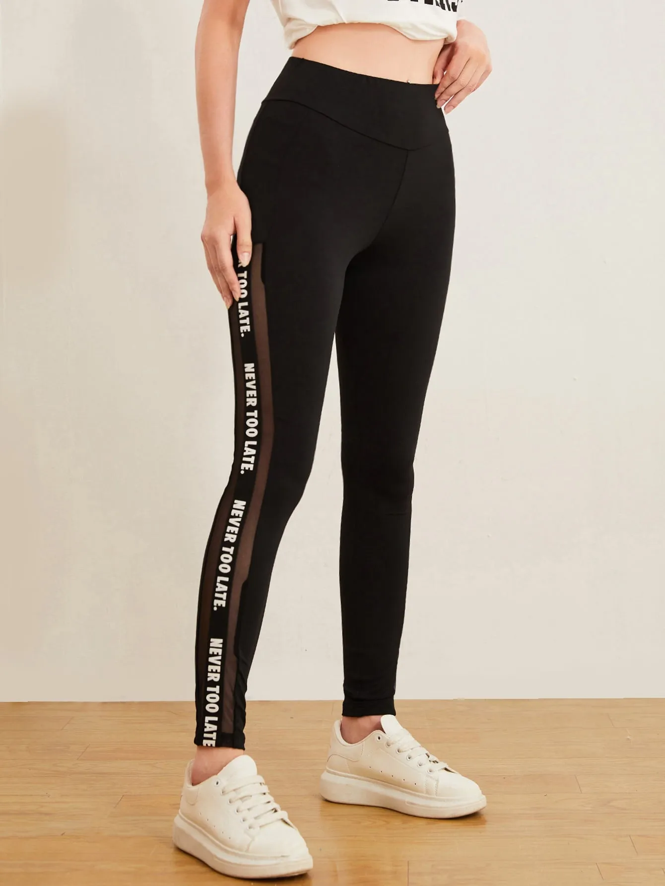 Slogan Graphic Mesh Insert Leggings