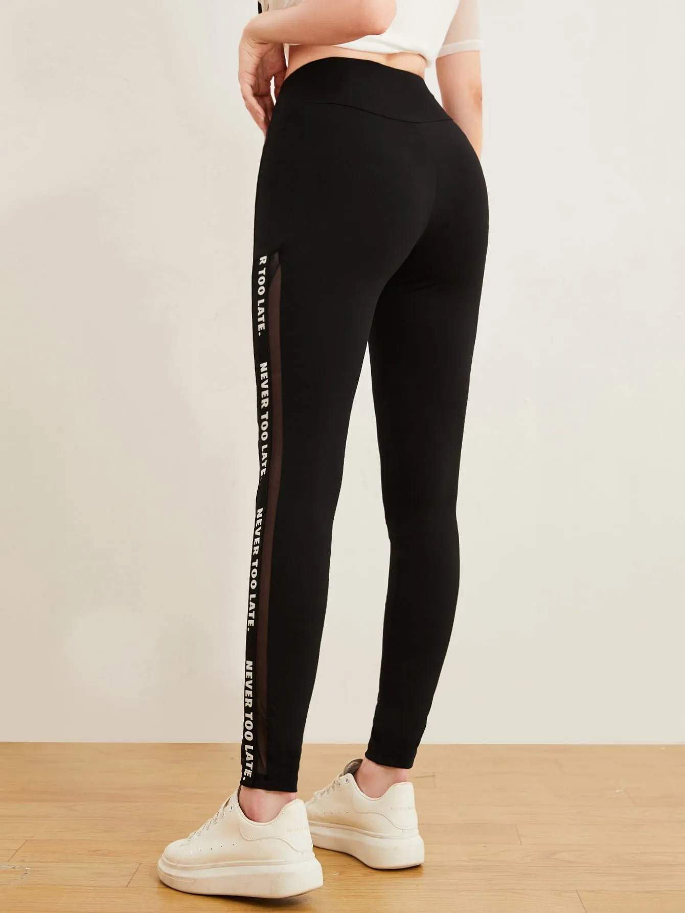 Slogan Graphic Mesh Insert Leggings