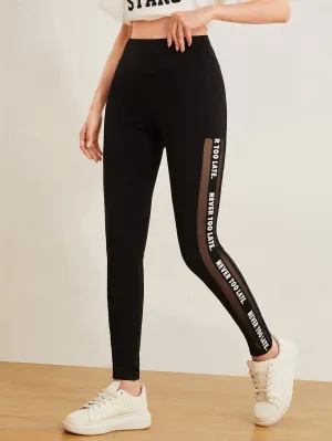 Slogan Graphic Mesh Insert Leggings