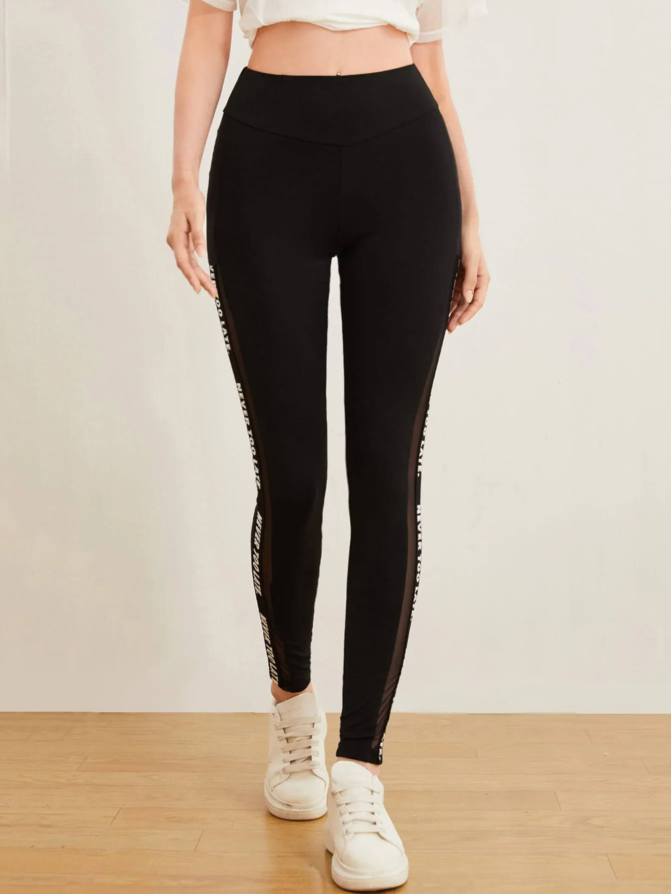 Slogan Graphic Mesh Insert Leggings