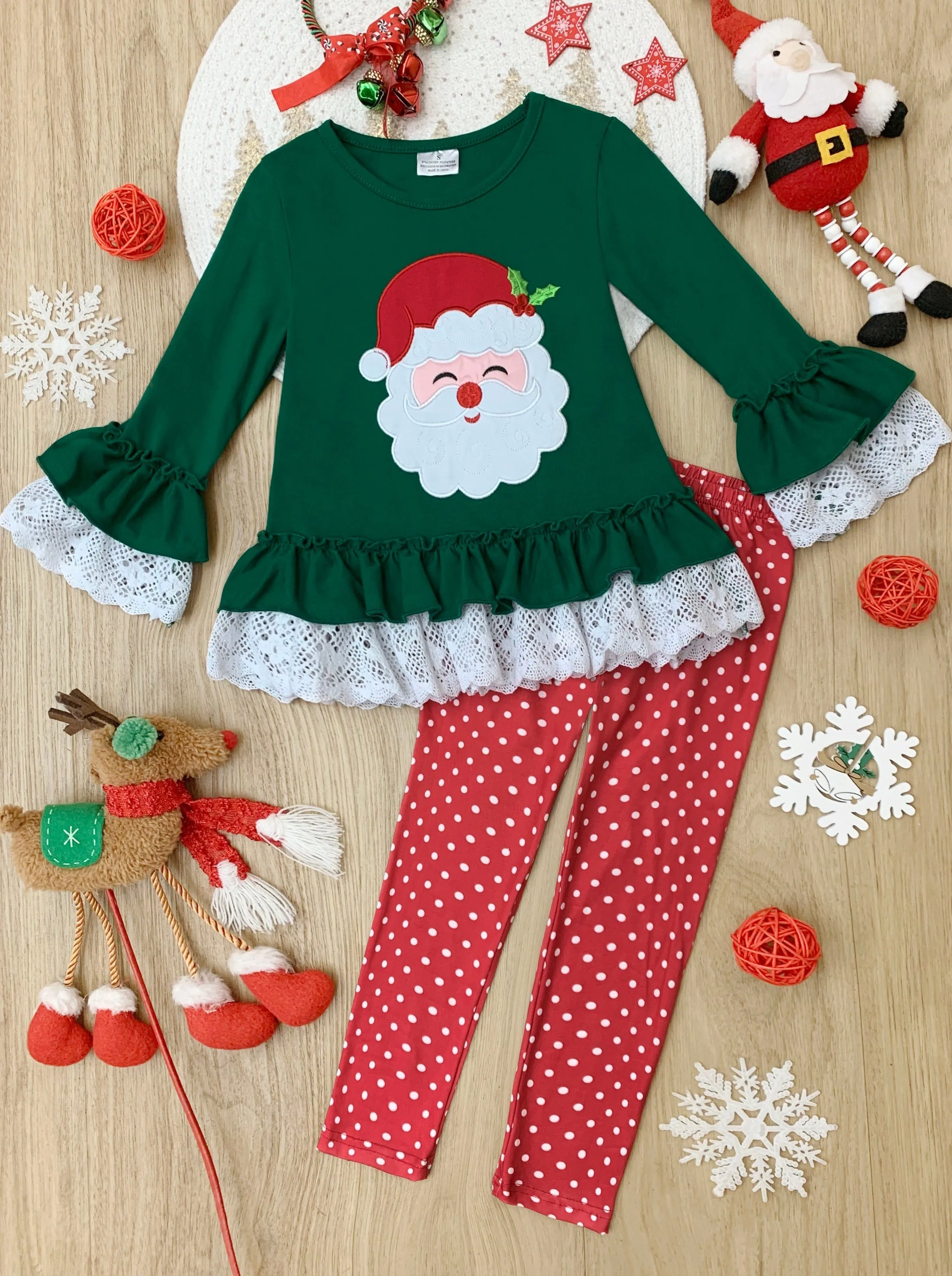 Smiley Santa Ruffled Tunic And Polka Dot Legging Set