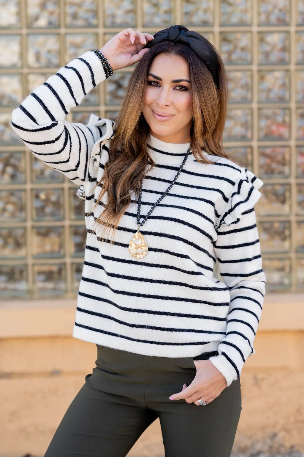 Striped Flutter Shoulder Sweater